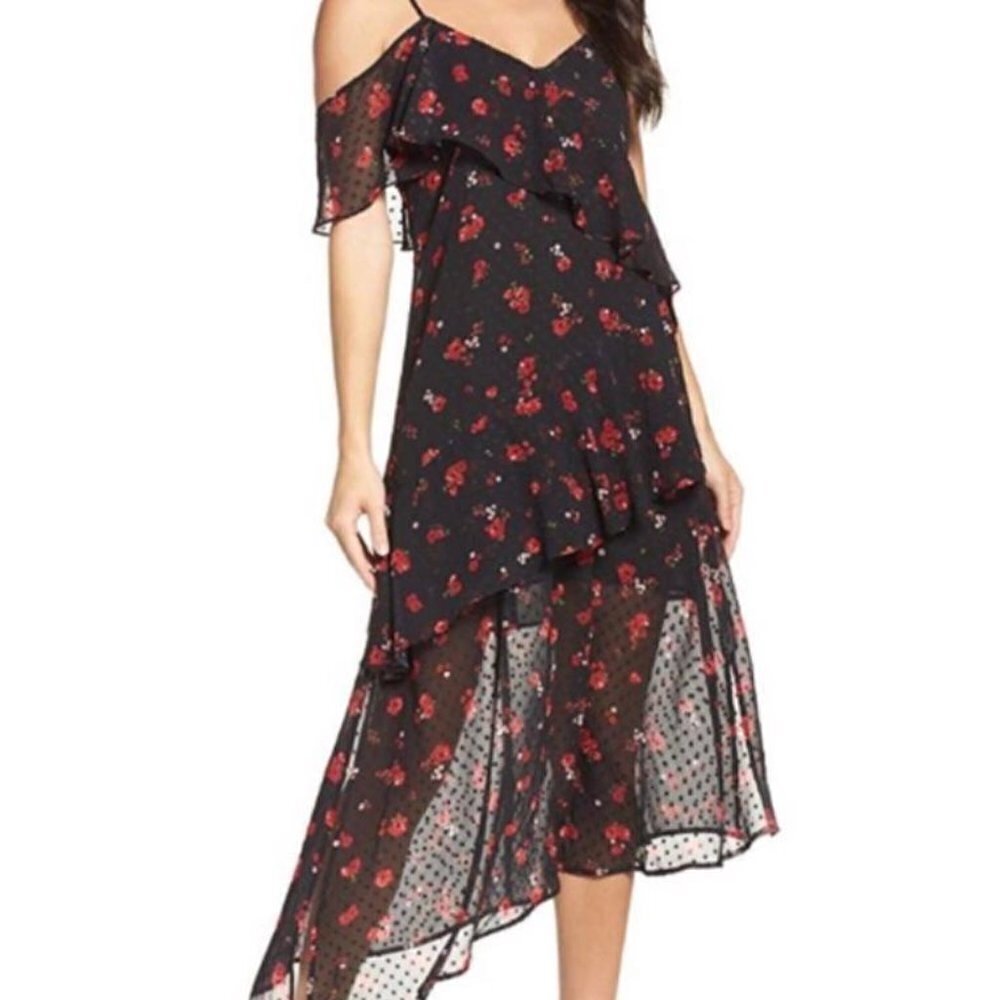 BARDOT black and red floral ruffle whimsigoth midi dress